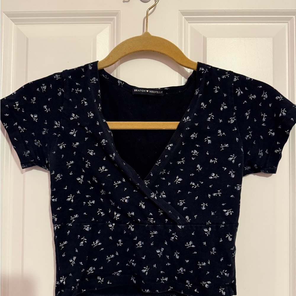 Brandy Melville Navy Floral Wrap Blouse